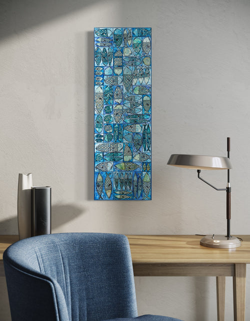 12"x36" painting with whimsical sardines in blues and greens, inspired by the charm of a tackle box.